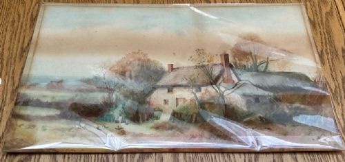 An antique watercolour landscape painting depicting a thatched rural cottage surrounded by trees and a dirt yard. View XI