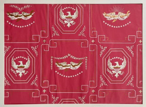 fig 2. Crimson red hand-printed wallpaper panel featuring white and gold American eagle motifs within octagonal panels, laurel swags, and geometric borders.