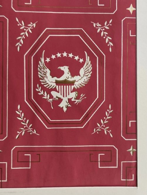 fig 3. Crimson red hand-printed wallpaper panel featuring white and gold American eagle motifs within octagonal panels, laurel swags, and geometric borders.