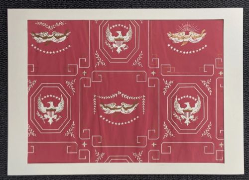 fig 4. Crimson red hand-printed wallpaper panel featuring white and gold American eagle motifs within octagonal panels, laurel swags, and geometric borders.