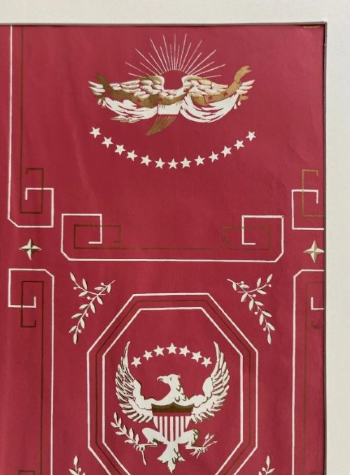 fig 5. Crimson red hand-printed wallpaper panel featuring white and gold American eagle motifs within octagonal panels, laurel swags, and geometric borders.