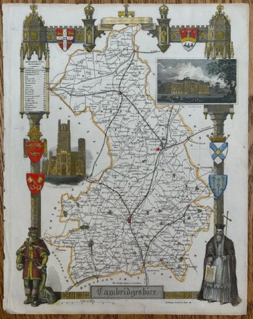 Antique C1840 Thomas Moule Cambridgeshire Map Ely Wimpole Hand Coloured 19th Century English Map