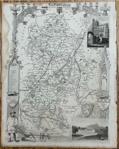 Antique C1840 Thomas Moule Bedfordshire Map Woburn Abbey Dunstable Priory 19th Century English County Map