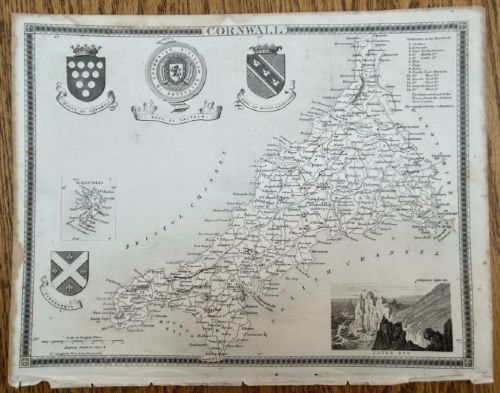 Antique C1840 Thomas Moule Cornwall Map Lands End Scilly Isles Engraving 19th Century British Map