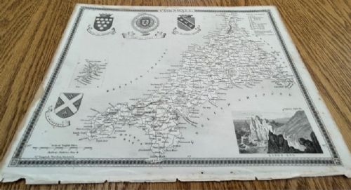 fig 1. A monochrome 19th-century steel-engraved map of Cornwall featuring heraldic crests, an inset map of the Scilly Isles, and a scenic vignette of Lands End.