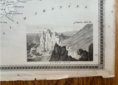 A monochrome 19th-century steel-engraved map of Cornwall featuring heraldic crests, an inset map of the Scilly Isles, and a scenic vignette of Lands End. View III