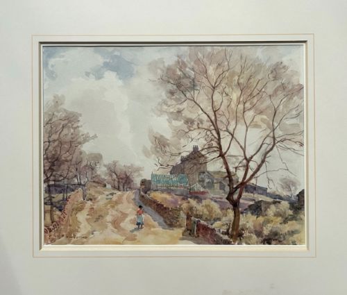 fig 1. An early twentieth-century watercolour painting depicting a figure walking along a dirt lane towards a stone cottage under bare trees.