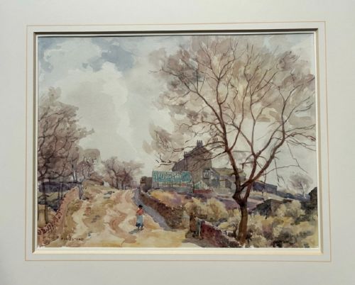 An early twentieth-century watercolour painting depicting a figure walking along a dirt lane towards a stone cottage under bare trees. View III