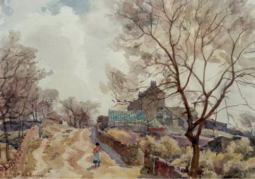 An early twentieth-century watercolour painting depicting a figure walking along a dirt lane towards a stone cottage under bare trees. View IV