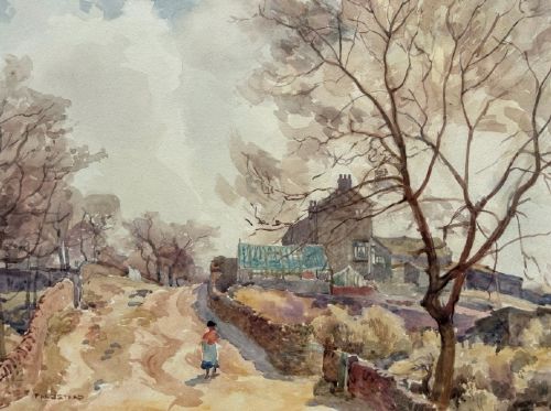 An early twentieth-century watercolour painting depicting a figure walking along a dirt lane towards a stone cottage under bare trees. View V