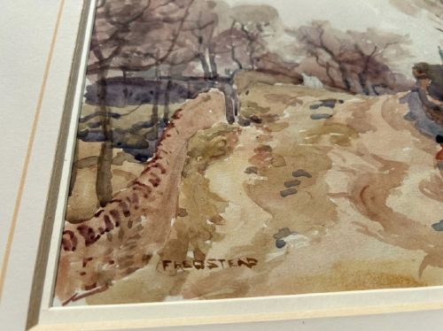 An early twentieth-century watercolour painting depicting a figure walking along a dirt lane towards a stone cottage under bare trees. View VI