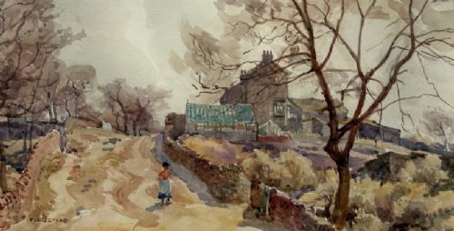 An early twentieth-century watercolour painting depicting a figure walking along a dirt lane towards a stone cottage under bare trees. View VII