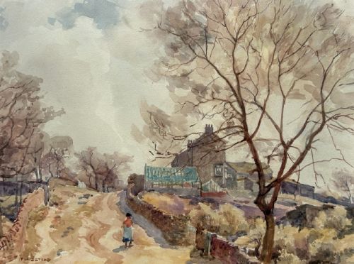 An early twentieth-century watercolour painting depicting a figure walking along a dirt lane towards a stone cottage under bare trees. View VIII