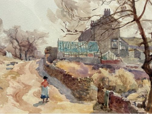 An early twentieth-century watercolour painting depicting a figure walking along a dirt lane towards a stone cottage under bare trees. View IX