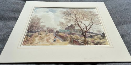 An early twentieth-century watercolour painting depicting a figure walking along a dirt lane towards a stone cottage under bare trees. View X