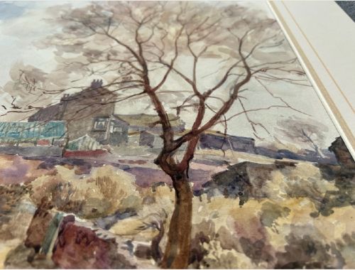 An early twentieth-century watercolour painting depicting a figure walking along a dirt lane towards a stone cottage under bare trees. View XII