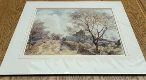 An early twentieth-century watercolour painting depicting a figure walking along a dirt lane towards a stone cottage under bare trees. View XIII