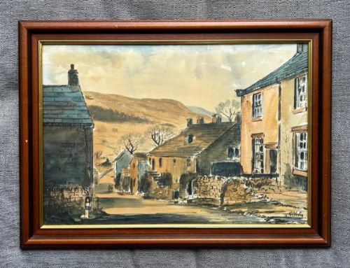 fig 2. A framed mid-20th-century watercolour painting depicting a village street in Appletreewick with stone cottages and rolling hills in the background.