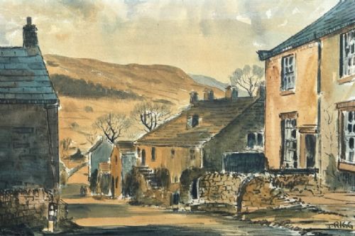 fig 3. A framed mid-20th-century watercolour painting depicting a village street in Appletreewick with stone cottages and rolling hills in the background.
