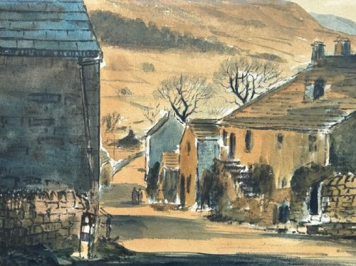 A framed mid-20th-century watercolour painting depicting a village street in Appletreewick with stone cottages and rolling hills in the background. View V