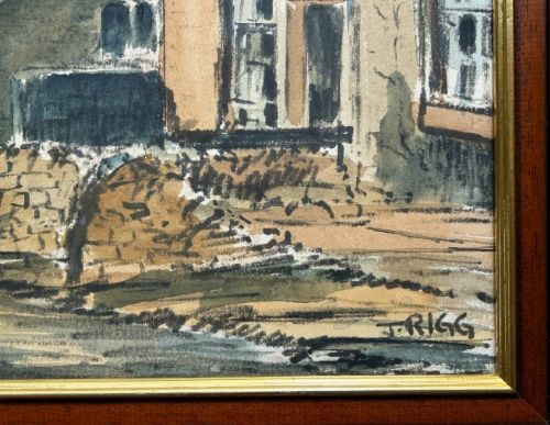 A framed mid-20th-century watercolour painting depicting a village street in Appletreewick with stone cottages and rolling hills in the background. View VI