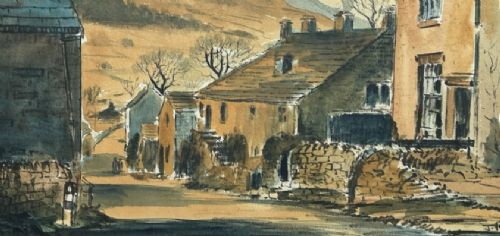 A framed mid-20th-century watercolour painting depicting a village street in Appletreewick with stone cottages and rolling hills in the background. View VII
