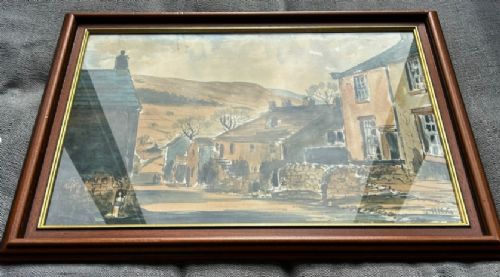 A framed mid-20th-century watercolour painting depicting a village street in Appletreewick with stone cottages and rolling hills in the background. View VIII