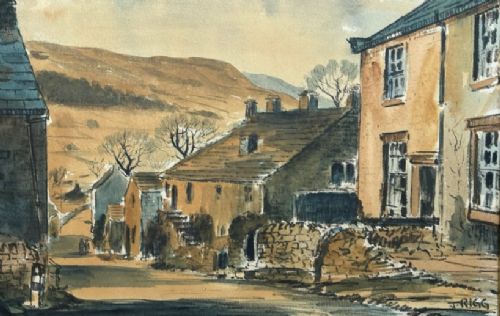 A framed mid-20th-century watercolour painting depicting a village street in Appletreewick with stone cottages and rolling hills in the background. View XI