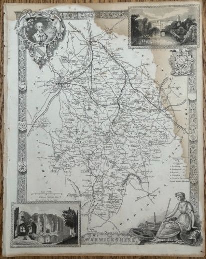 Original Antique C1840 Thomas Moule Warwickshire Map Warwick Castle Kenilworth English Map with Decorative Illustrations