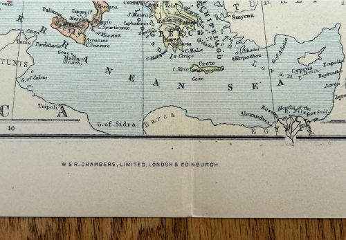 fig 1. A late nineteenth-century printed colour political map of Europe on cream paper featuring defined national boundaries and surrounding ocean bodies.