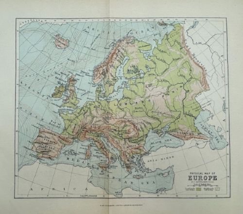 A late nineteenth-century printed colour political map of Europe on cream paper featuring defined national boundaries and surrounding ocean bodies. View IV