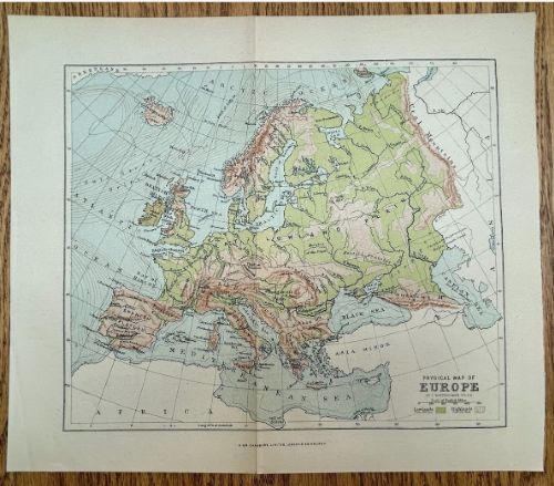 A late nineteenth-century printed colour political map of Europe on cream paper featuring defined national boundaries and surrounding ocean bodies. View VI