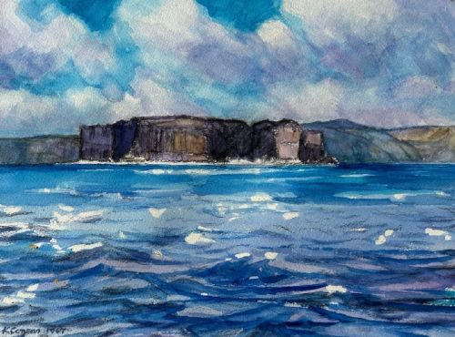 fig 1. A 1967 vintage watercolour painting depicting the rocky coastal cliffs of Staffa surrounded by blue sea under a cloudy sky.