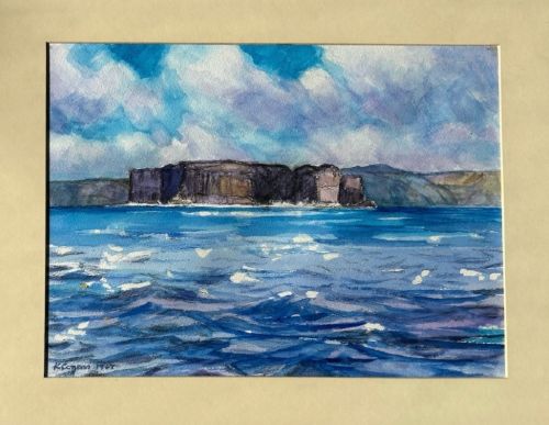 fig 2. A 1967 vintage watercolour painting depicting the rocky coastal cliffs of Staffa surrounded by blue sea under a cloudy sky.