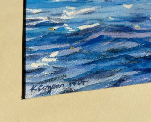 fig 3. A 1967 vintage watercolour painting depicting the rocky coastal cliffs of Staffa surrounded by blue sea under a cloudy sky.