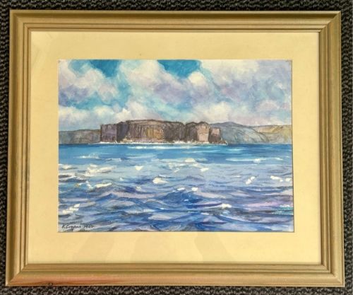 A 1967 vintage watercolour painting depicting the rocky coastal cliffs of Staffa surrounded by blue sea under a cloudy sky. View V
