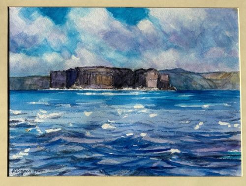 A 1967 vintage watercolour painting depicting the rocky coastal cliffs of Staffa surrounded by blue sea under a cloudy sky. View VII