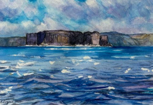 A 1967 vintage watercolour painting depicting the rocky coastal cliffs of Staffa surrounded by blue sea under a cloudy sky. View VIII