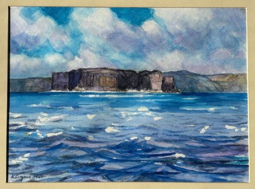 A 1967 vintage watercolour painting depicting the rocky coastal cliffs of Staffa surrounded by blue sea under a cloudy sky. View IX