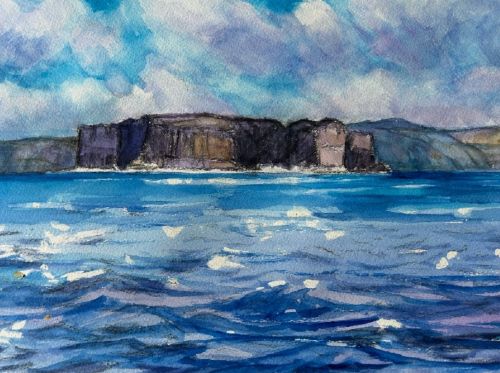 A 1967 vintage watercolour painting depicting the rocky coastal cliffs of Staffa surrounded by blue sea under a cloudy sky. View XI