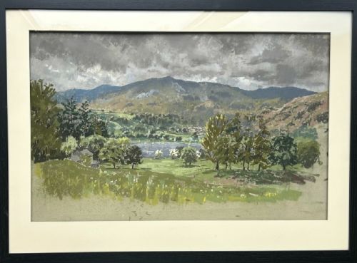 fig 1. A mid-20th-century pastel landscape drawing depicting Coniston Water with green rolling hills, trees, distant mountains, and an overcast sky.
