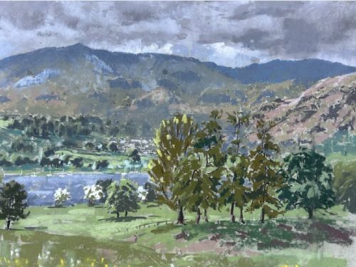 fig 2. A mid-20th-century pastel landscape drawing depicting Coniston Water with green rolling hills, trees, distant mountains, and an overcast sky.