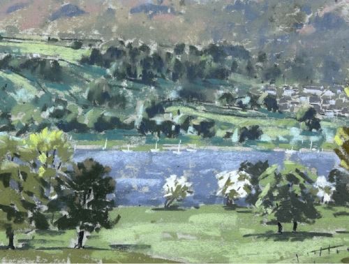 fig 3. A mid-20th-century pastel landscape drawing depicting Coniston Water with green rolling hills, trees, distant mountains, and an overcast sky.