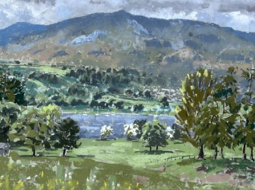A mid-20th-century pastel landscape drawing depicting Coniston Water with green rolling hills, trees, distant mountains, and an overcast sky. View V