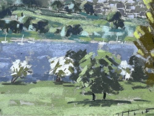 A mid-20th-century pastel landscape drawing depicting Coniston Water with green rolling hills, trees, distant mountains, and an overcast sky. View VI