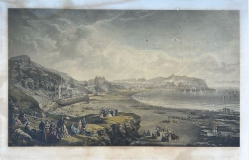 fig 1. An 1890 monochrome autotype print depicting Victorian figures gathered on a cliff overlooking Scarborough beach and coastal bay.
