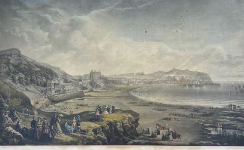 fig 3. An 1890 monochrome autotype print depicting Victorian figures gathered on a cliff overlooking Scarborough beach and coastal bay.