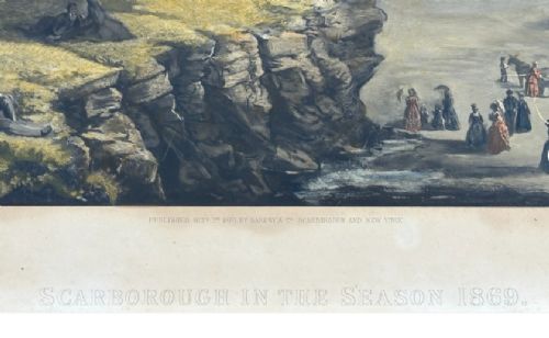 fig 4. An 1890 monochrome autotype print depicting Victorian figures gathered on a cliff overlooking Scarborough beach and coastal bay.