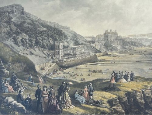 An 1890 monochrome autotype print depicting Victorian figures gathered on a cliff overlooking Scarborough beach and coastal bay. View VI