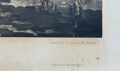 An 1890 monochrome autotype print depicting Victorian figures gathered on a cliff overlooking Scarborough beach and coastal bay. View VII